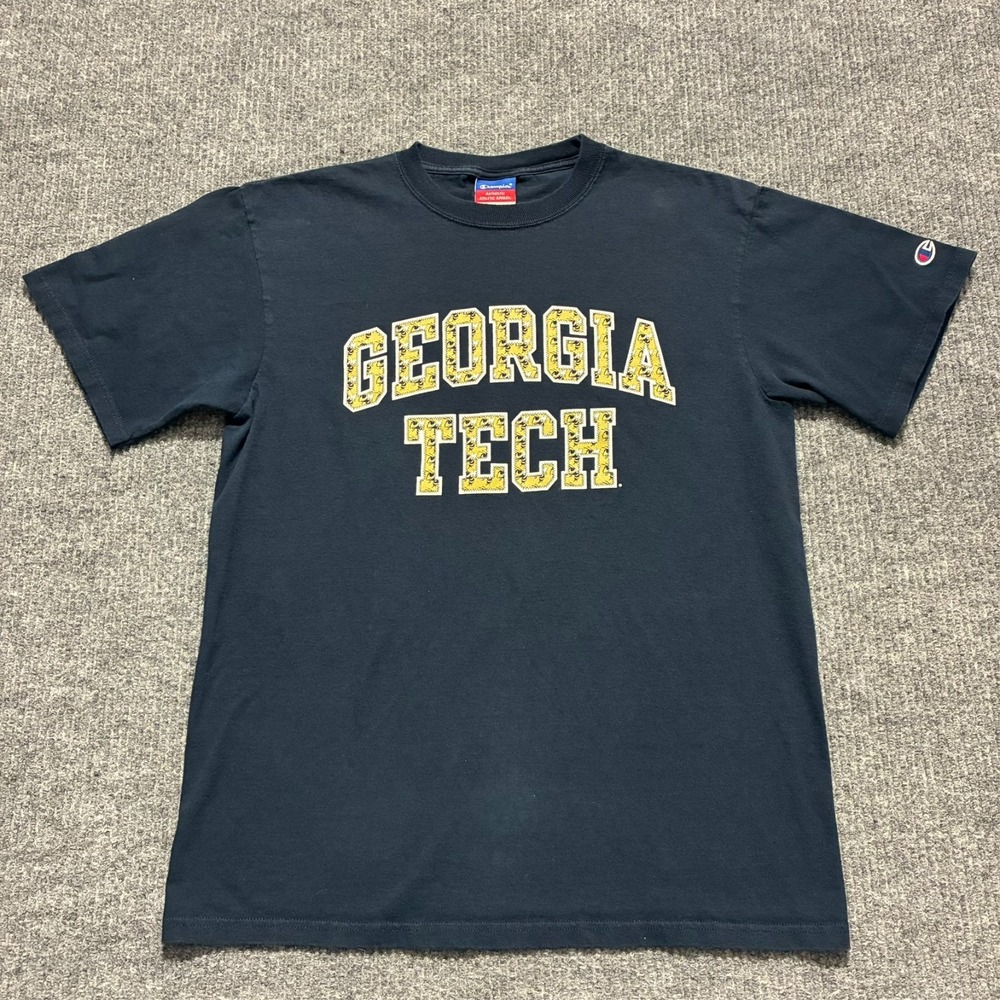 Champion Georgia Tech Mens T-Shirt Size Large Blue Cotton Crew Neck Short Sleeve